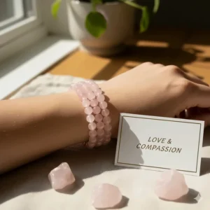 Handcrafted pink rose quartz natural stone bracelet for women symbolizing love and compassion.
