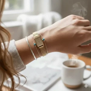 A simple three-piece bracelet stack demonstrating the rule of odds for aesthetic balance.