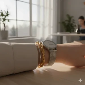 A gold twisted rope cuff bracelet stacked with a silver watch and thin bangles on a model's wrist.