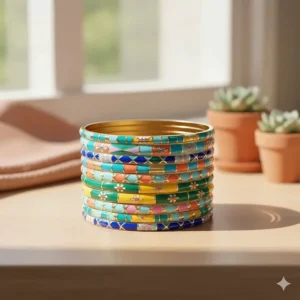 A complete set of multi-colored enamel bangles featuring geometric patterns and gold-tone trim.