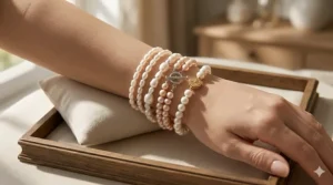 Modern fashion styling showing how to stack multiple freshwater pearl bracelets for women.