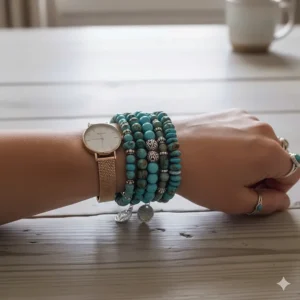 Close-up of layered turquoise bead bracelets for women styled with a watch.