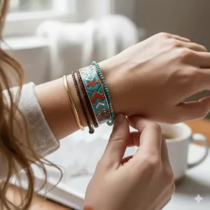A thick colorful cuff acting as the focal point in the middle of a jewelry stack.