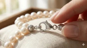 Close-up of a secure 925 sterling silver lobster clasp on a freshwater pearl bracelet.