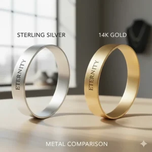 Side-by-side comparison of sterling silver and 14k gold engraved bangle bracelets.
