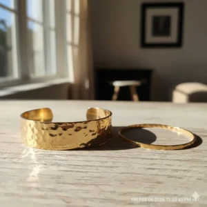 Comparison of wide and thin hammered gold bangle bracelets side-by-side.