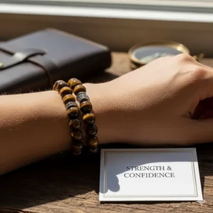 Golden-brown Tiger's Eye natural stone bracelet for women highlighting unique chatoyant bands.