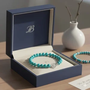 Luxury gift box containing a polished turquoise bead bracelet for women.