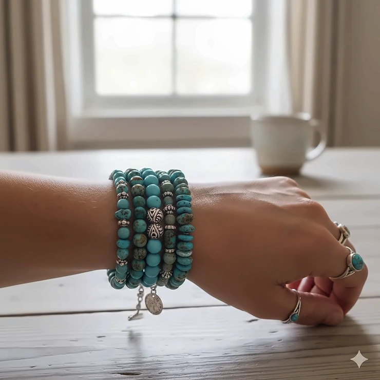 A woman wearing a stack of genuine turquoise bead bracelets with silver accents. turquoise bead bracelets women
