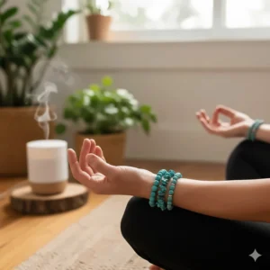 Turquoise bead bracelets for women used as yoga jewelry for calming energy.