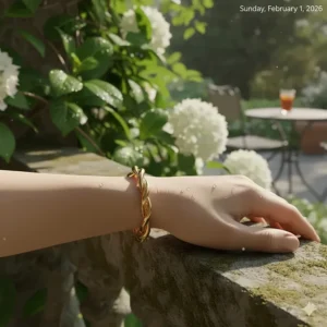 A gold twisted rope cuff bracelet catching natural sunlight on a model's arm in a garden setting.