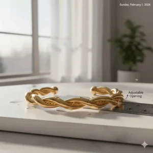 A twisted rope cuff bracelet next to a ruler to show measurements and the adjustable opening size.