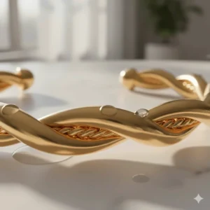 Close-up macro shot showing the intricate metalwork and texture of a gold twisted rope cuff bracelet.