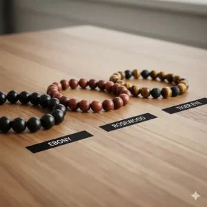 Infographic showing different wood types for men's bracelets including Ebony, Rosewood, and Tiger Eye accents.