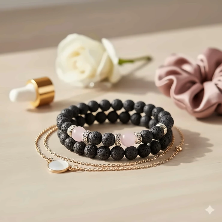 Elegant women’s lava stone diffuser bracelet paired with rose quartz beads and gold spacers. lava stone diffuser bracelets