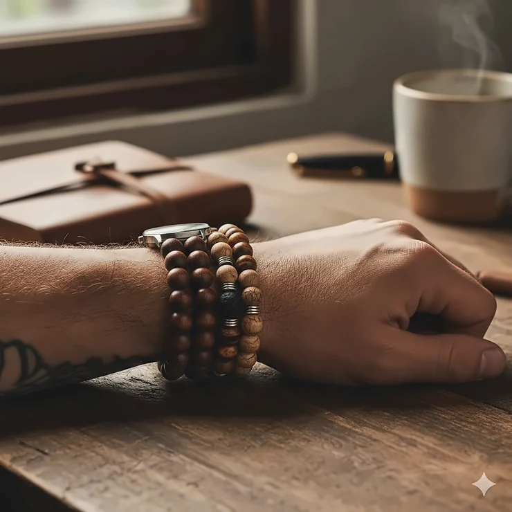 A close-up of a man's wrist wearing a stack of dark sandalwood and oak bead bracelets paired with a watch. wooden bead bracelets for men