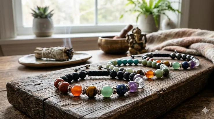Photorealistic close-up of 7 chakra bracelets for healing arranged on a rustic wooden plank with sage and a singing bowl.