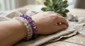 Purple amethyst beaded healing bracelet designed for women seeking stress relief and spiritual clarity.