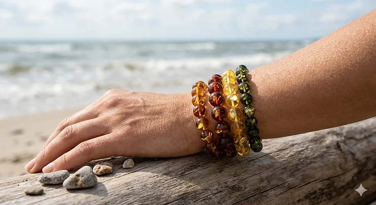 A photorealistic close-up of an adult wrist wearing a stack of colorful Baltic amber bracelets on a beach with a driftwood background. baltic amber bracelets for adults