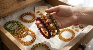 A photorealistic close-up of a person's hand holding three distinct Baltic amber bracelets for adults in varied shades of cherry, mixed colors, and olive.