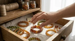 A photorealistic close-up of an adult's hand reaching into a rustic wooden drawer filled with six distinct Baltic amber bracelets for adults.
