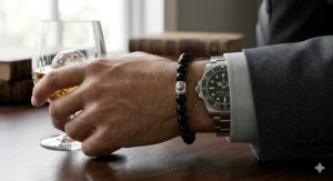 A black onyx bead bracelet paired with a luxury watch and a charcoal grey suit sleeve.