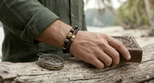 A luxury men's bracelet featuring polished black onyx beads and 14k gold spacers.