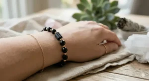 Protective black tourmaline crystal healing bracelet for women to shield against negative energy.