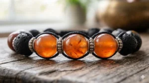 A 4K photorealistic close-up of three orange carnelian beads on a 7 chakra healing bracelet, showing natural light.