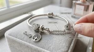 Close-up illustration showing how a safety chain attaches to a Pandora style charm bracelet.
