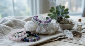 Illustration of crystal healing bracelets being cleansed under moonlight to recharge their natural energy.