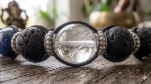 A 4K photorealistic macro photograph of a translucent Clear Quartz stone bead in a 7 chakra healing bracelet.