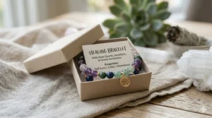 An elegant gift box containing a crystal healing bracelet with a meaning card for women.