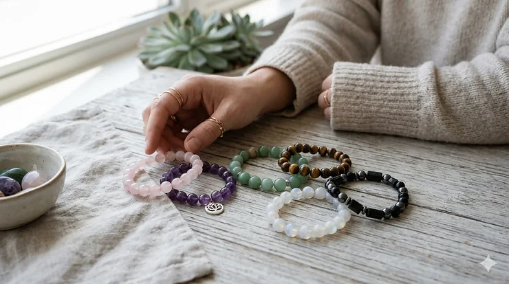 A diverse collection of crystal healing bracelets for women featuring rose quartz, amethyst, and tiger's eye beads on a wooden surface. crystal healing bracelets women