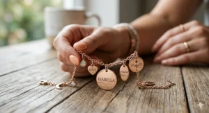 Close-up detail of custom engraved name charms on a dainty rose gold bracelet.