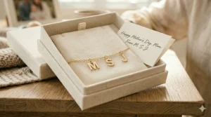 Illustration of a personalized initial charm bracelet inside a premium velvet gift box with a "Happy Mother's Day" card.