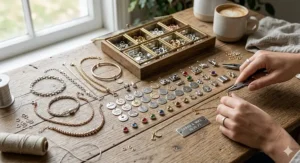 An array of different charms and chains used to create custom personalized charm bracelets.