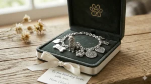 A beautifully packaged dog charm bracelet in a gift box, an ideal present for dog lovers.