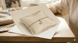 Stylized photorealistic illustration of a dainty gold chain bracelet featuring a single hanging initial charm.