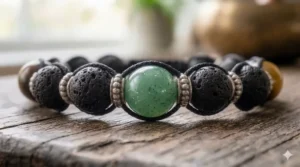A 4K photorealistic close-up of a vibrant green aventurine bead on a 7 chakra healing bracelet, showing specific gemstone texture.