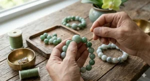 An artisan threading natural stones to create custom jade bead bracelets for good luck.