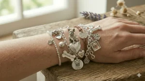 A heart-shaped charm alongside a bone charm on a silver chain bracelet for dog lovers.