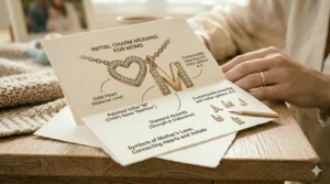 A photorealistic infographic illustration on textured paper explaining the symbolic meaning of combining a gold heart charm and child’s initial pendants for a mom’s bracelet.