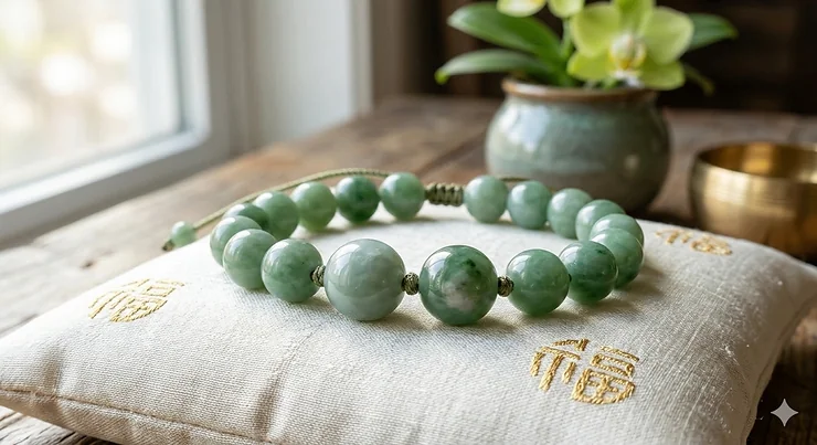 A premium green jade bead bracelet for good luck displayed on a silk cushion with gold accents. jade bead bracelets for good luck