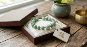 A lucky jade bead bracelet in a decorative gift box, perfect for gifting protection and wealth.