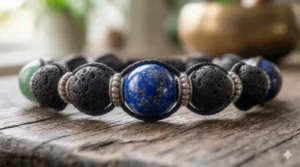 A photorealistic 4K macro close-up of a deep blue lapis lazuli stone bead in a 7 chakra healing bracelet with gold pyrite flecks.