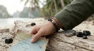 A man in casual outdoor attire wearing a natural black onyx bracelet with a rustic feel.