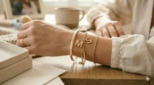 A high-detail photorealistic close-up demonstrating how to layer a dainty gold initial charm bracelet with other matching gold bangles for a stylish look.