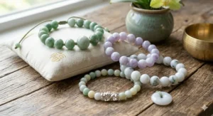 A variety of lavender, white, and green jade bead bracelets believed to bring luck and protection.