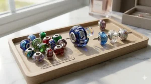 A collection of colorful Murano glass beads designed for Pandora style charm bracelets.